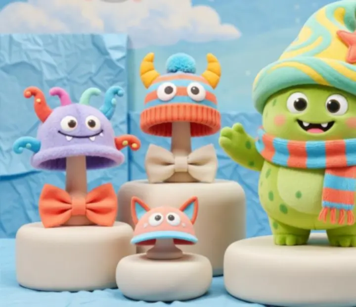 Customizable character wearing colourful hats and accessories in a playful environment
