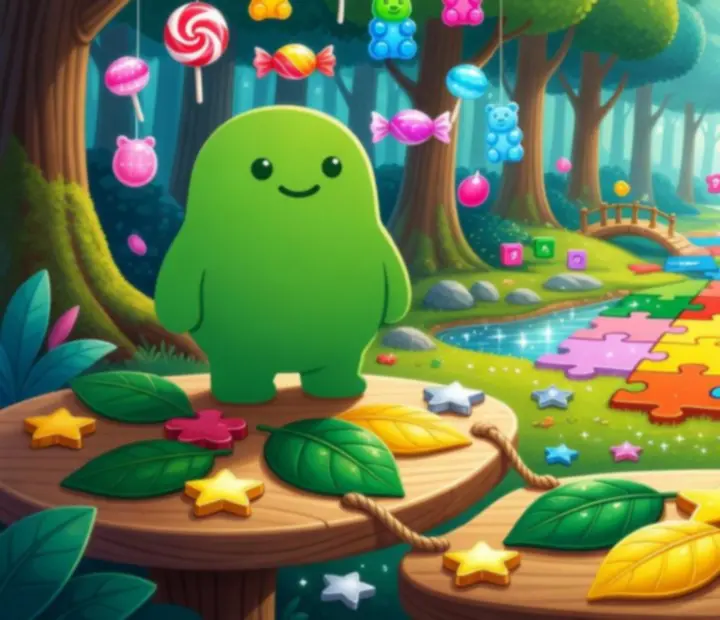 Lush forest puzzle scene inspired by Cut the Rope 2 with ropes, stars, and candy