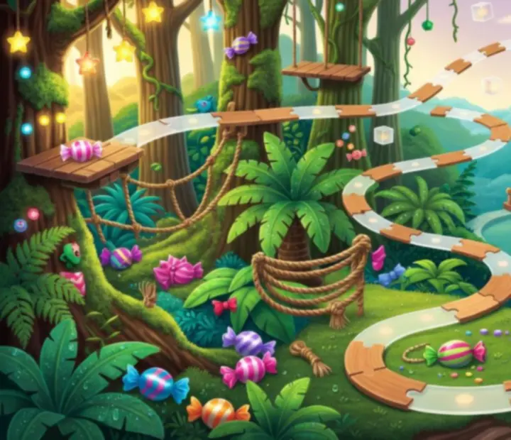 Colourful adventure route from a green forest to a bright city with candy and ropes
