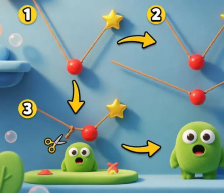 Diagram-style illustration of a Cut the Rope 2 level with ropes, stars, and arrows showing a strategy path.