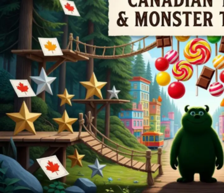 Illustrated Cut the Rope inspired forest and puzzle landscape with ropes, candy, stars and a friendly green monster silhouette.