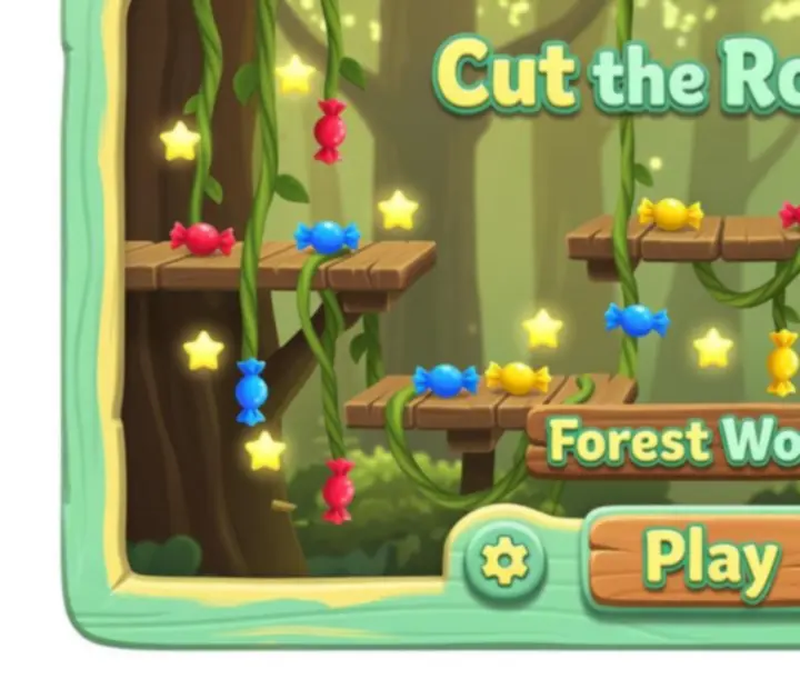 Forest level card with wooden platforms, vines, and candy suspended by ropes.