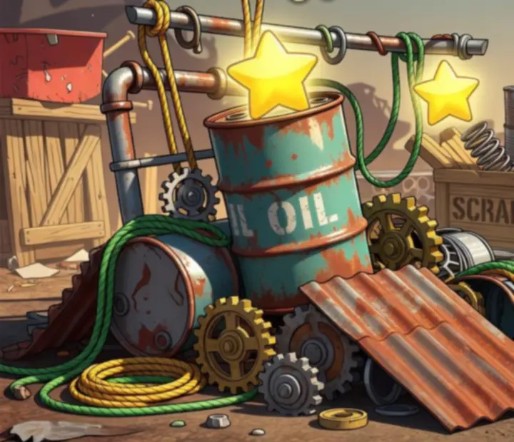 Junkyard level card with metal platforms, gears, and magnetic puzzle pieces.