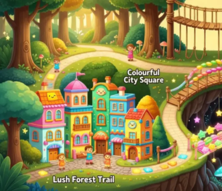Colourful Cut the Rope 2 style puzzle map connecting forest, city, junkyard, and underground worlds with ropes and candy.