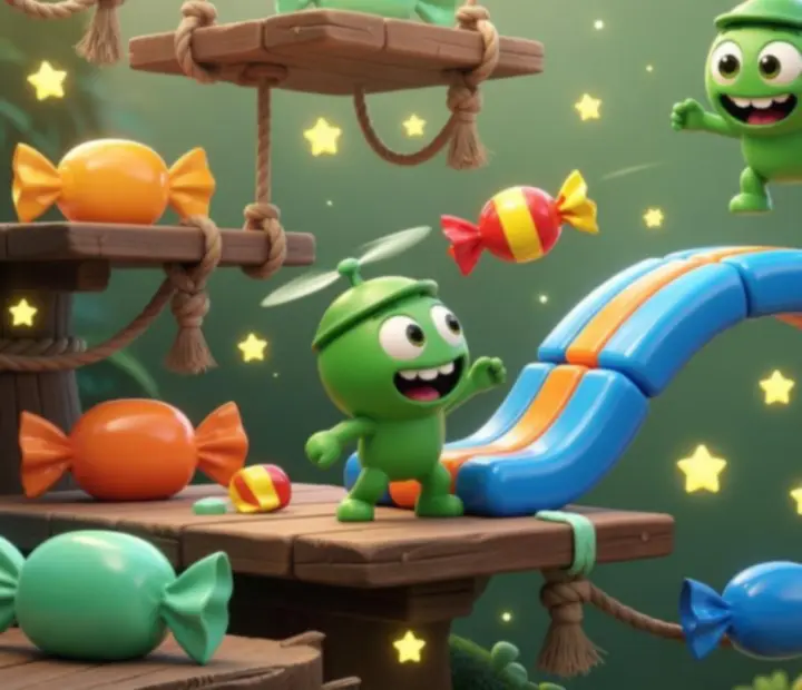 Illustrated puzzle route where multiple Nommies guide candy past stars, fruit, and obstacles
