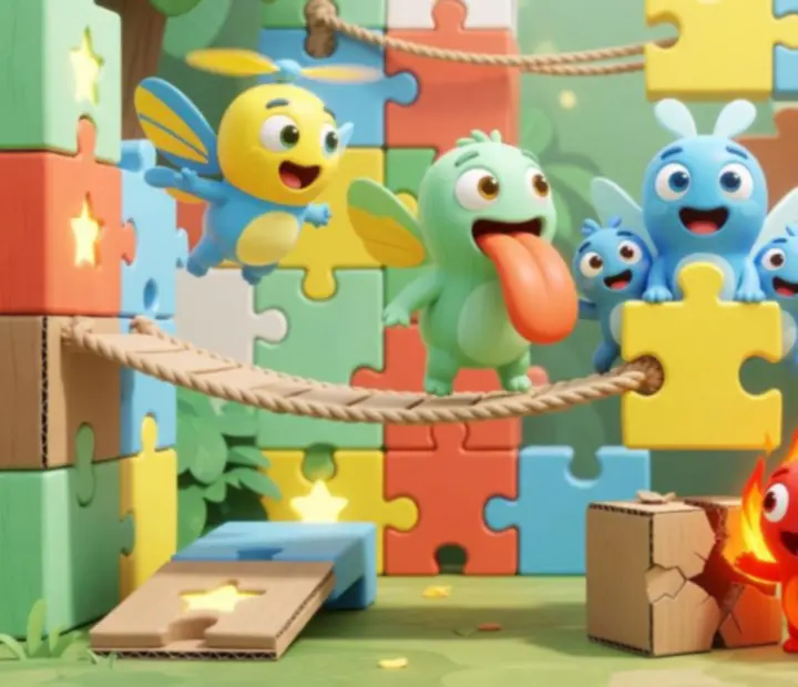 Illustrated group of Nommies-style helper creatures surrounding candy, ropes, and stars