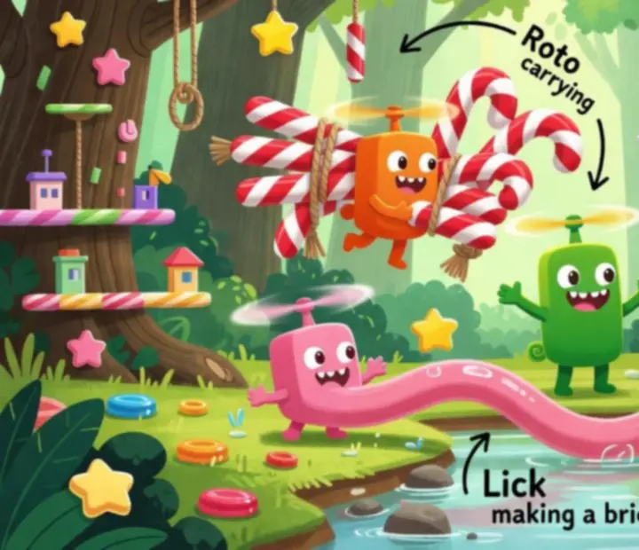 Strategy diagram showing helper creatures working together to solve a puzzle