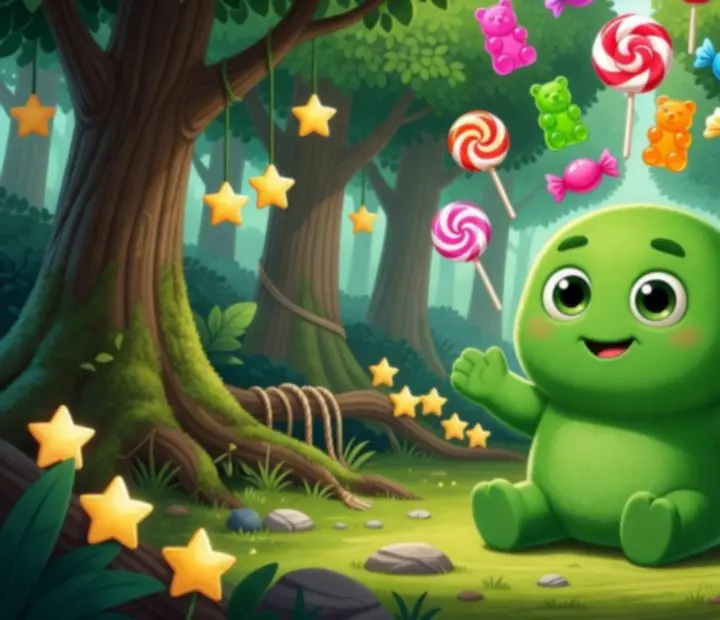 Stylized green monster silhouette waiting for candy in a forest scene