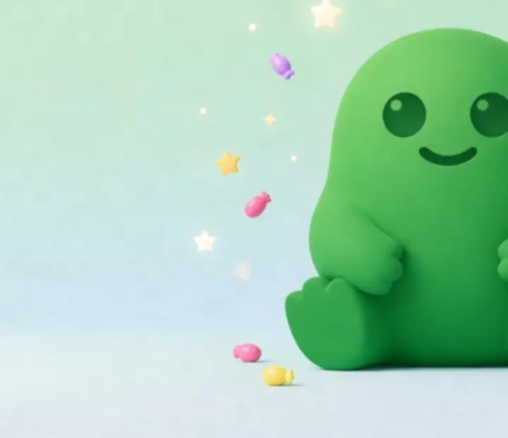 Original silhouette of a round green monster inspired by Om Nom reaching for candy