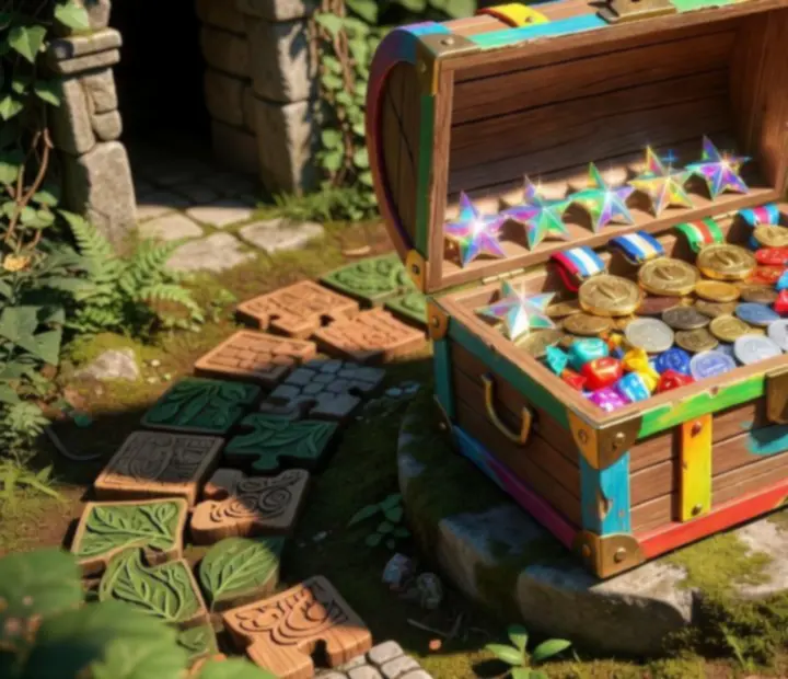 Treasure chest surrounded by stars, coins, and candy in a colourful puzzle landscape