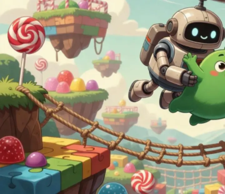 Stylized diagram showing Roto carrying Om Nom or objects through a forest puzzle route