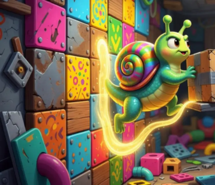 Illustrated puzzle demo showing Snailbrow climbing walls and pushing objects along ceilings