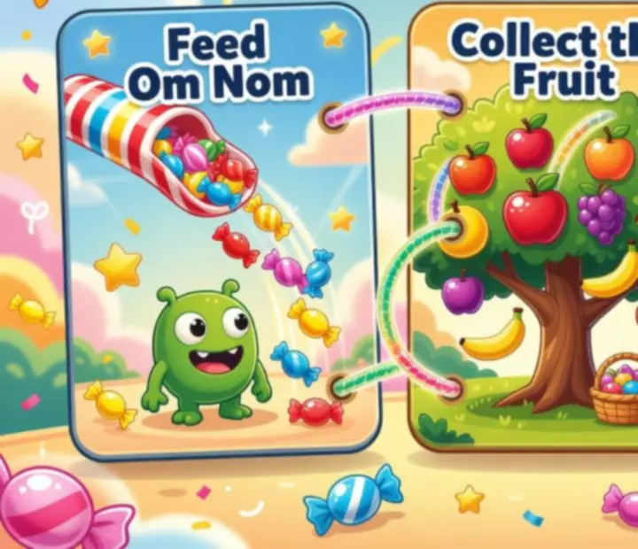 Three colourful puzzle cards connected by ropes, representing feeding Om Nom, collecting fruit and beating the clock.