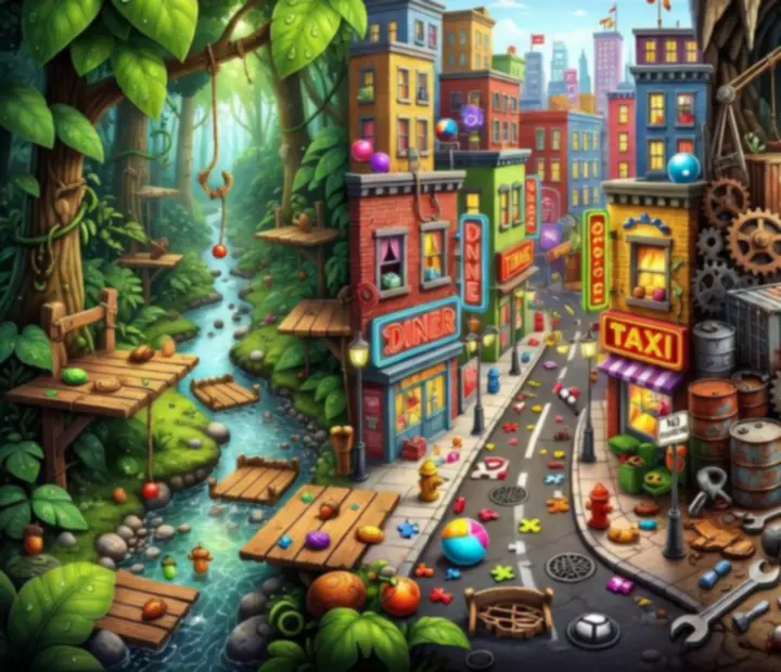 Montage of Cut the Rope inspired environments including forests, cities, junkyards and underground tunnels with candy and puzzle pieces.