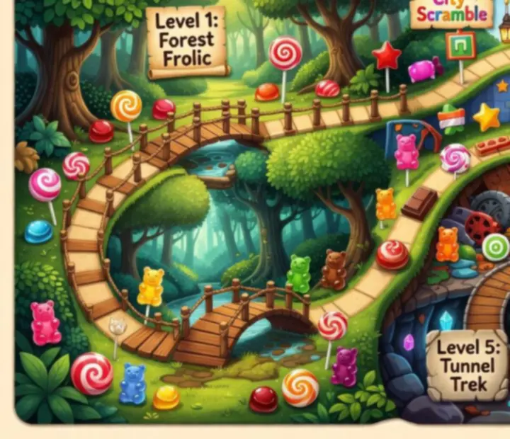 Illustrated puzzle map trail moving from a lush forest through a city and junkyard to underground tunnels with ropes, stars and candy.